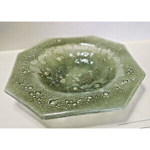 Murano Geometric Hand Blown Green Glass Forced Bubbles Bowl 1960's